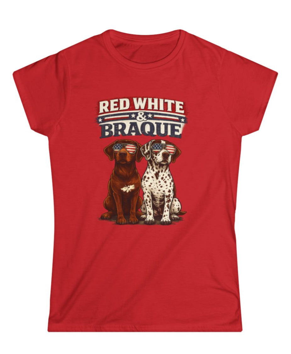 Ladies Red White & Braque Patriotic Dog T-Shirt