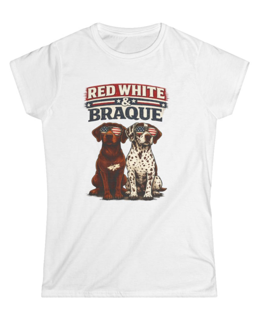 Ladies Red White & Braque Patriotic Dog T-Shirt
