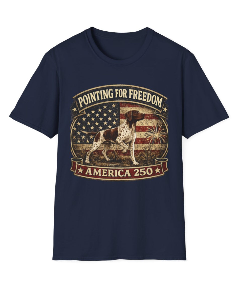 Pointing For Freedom American Flag Dog T‑Shirt