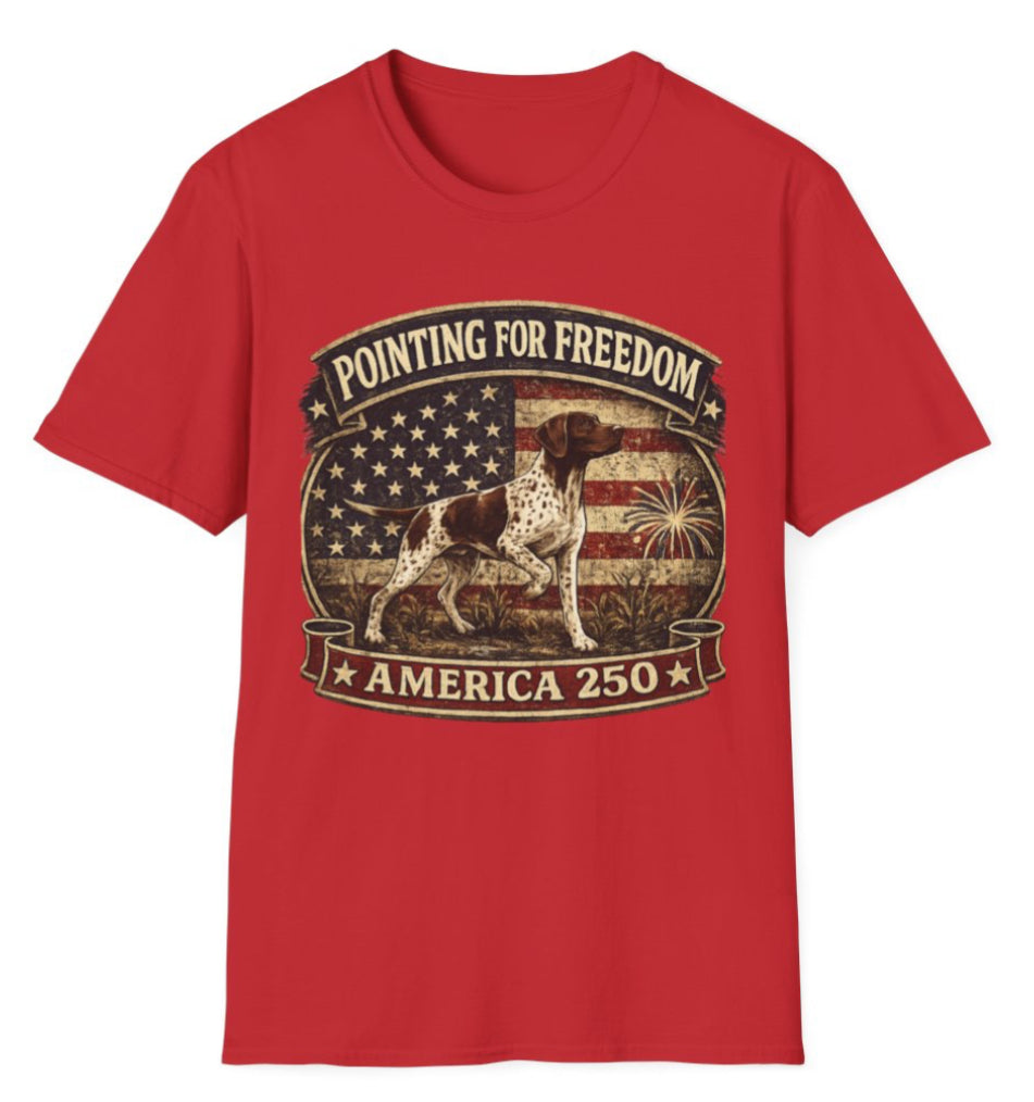 Pointing For Freedom American Flag Dog T‑Shirt